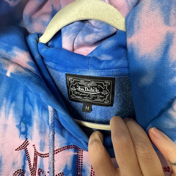 Von Dutch SET Blue Pink Tie Dye Red Rhinestone Logo Oversize Hoodie & Pants - Picture 9 of 16